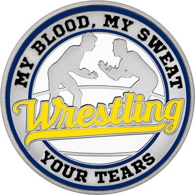 Yellow "Wrestling" with Navy Blue Outer Circular Borders